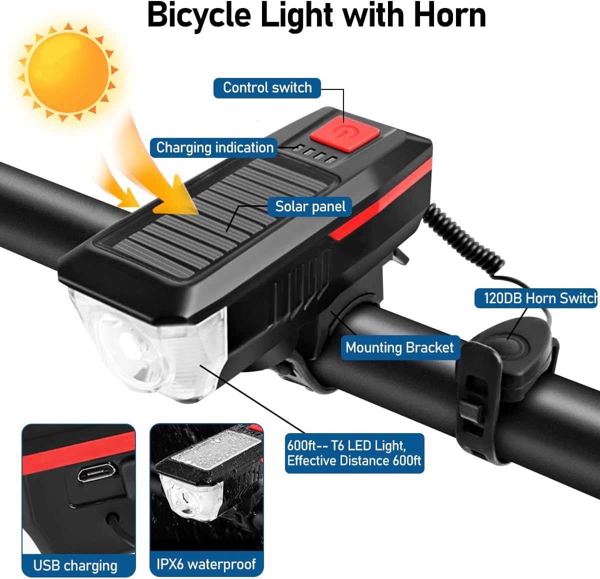 Solar and USB Rechargeable Bike Light Set with 120 dB Horn, 1500 mAh Battery and Multiple Lighting Modes, Black — image 3