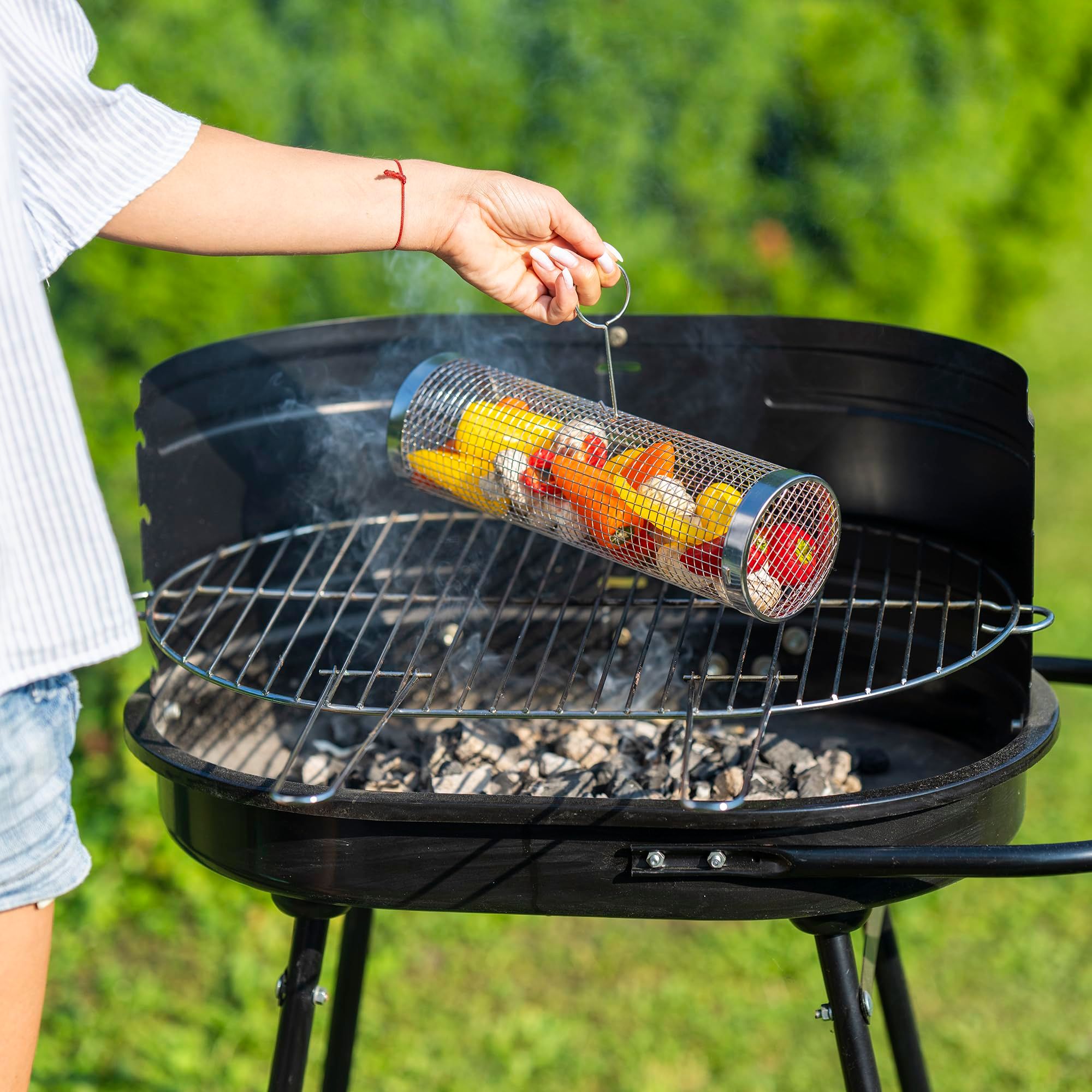 2PCS Rolling Grill Baskets for Outdoor Grill, Egg Accessories-Set Includes Fork, Hook, and Oil Brush-304g Stainless Steel-Perfect Gifts for Dad, Camping Must — image 2