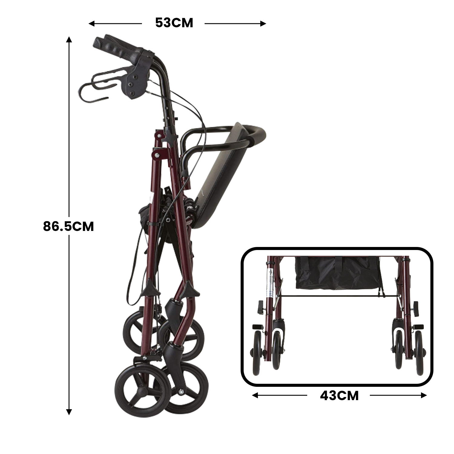 Orthonica Foldable Steel Frame 4-Wheel Rollator Walker, Height Adjustable Handles & Brakes, Seniors Mobility Aid — image 3
