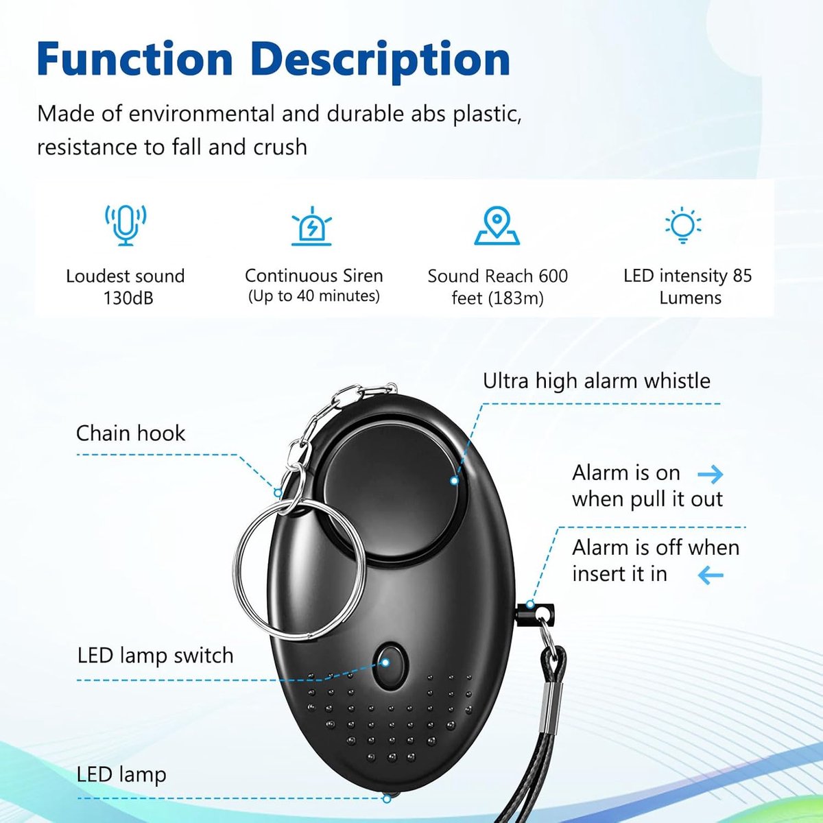 Pieces - 140 dB - Personal Alarm - With LED Flashlight And Keychain - Personal Pocket Alarm - Pepper Spray - Panic Alarm - Anti-Wolf Whistle - Keychain — image 4