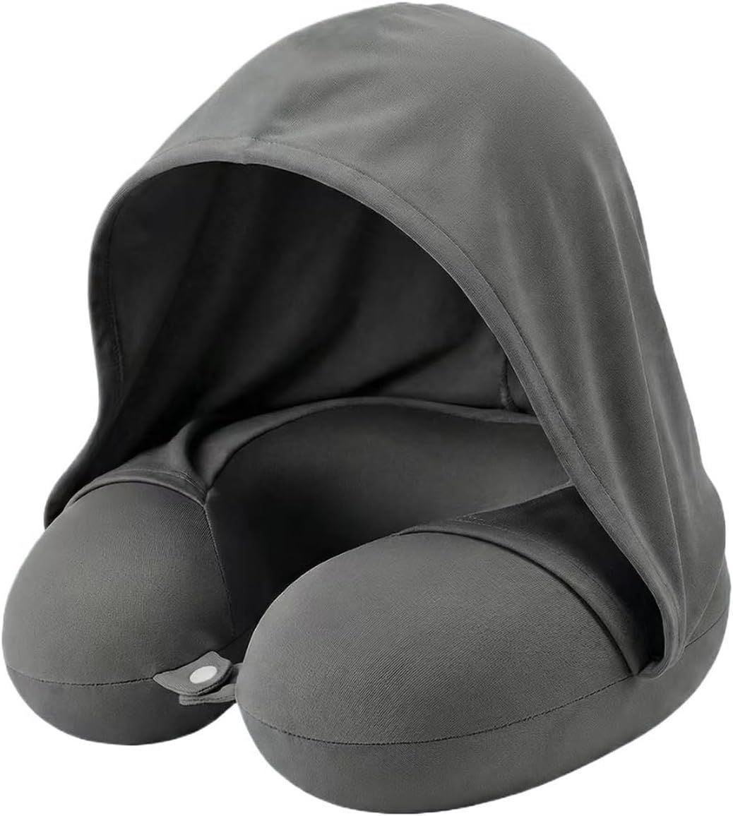 Travel Pillow with Hoodie – Memory Foam Neck Support, Soft & Comfortable, Elastic Removable Washable Cover – First-Class Comfort for Flights, Road Trips, and