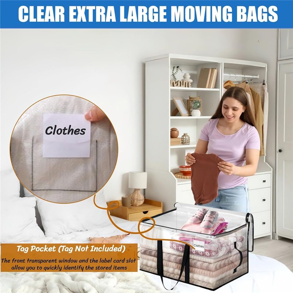 2-Pack Oversized Moving Bags with Reinforced Handles, Heavy-Duty Storage Tote for Clothes, Moving Supplies (Clear, 2-Pack) — image 2