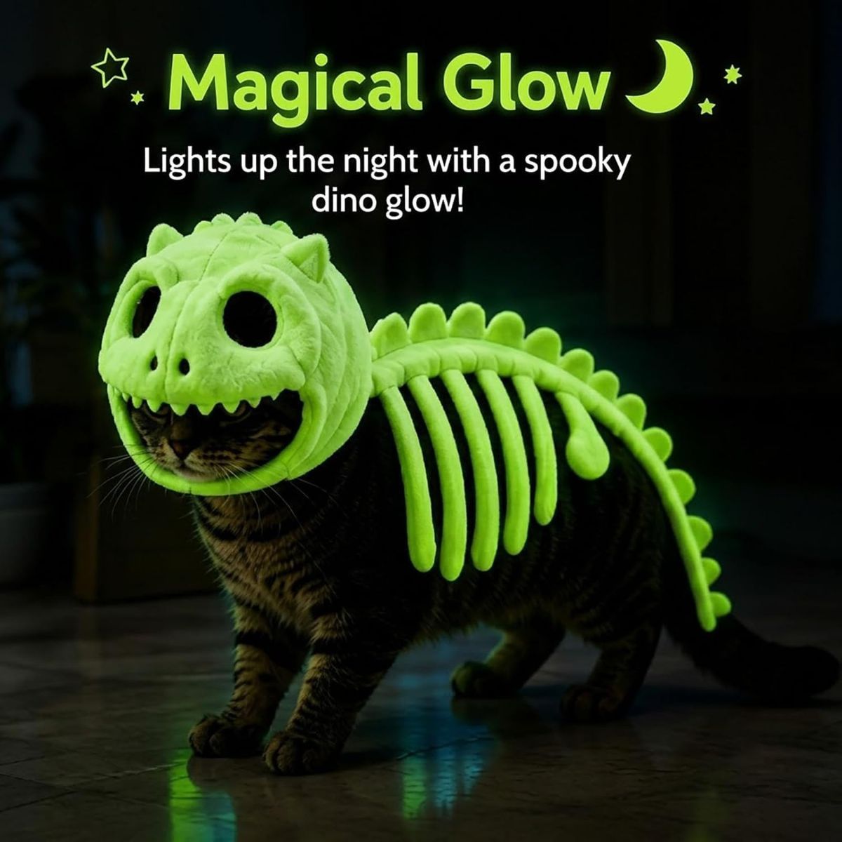 Dinosaur Skeleton Glow in Dark Dog and Cat Costume, Pet Dinosaur Costume, Plush Halloween Pet Hood Outfit - Green - Size 35.4in โ image 4