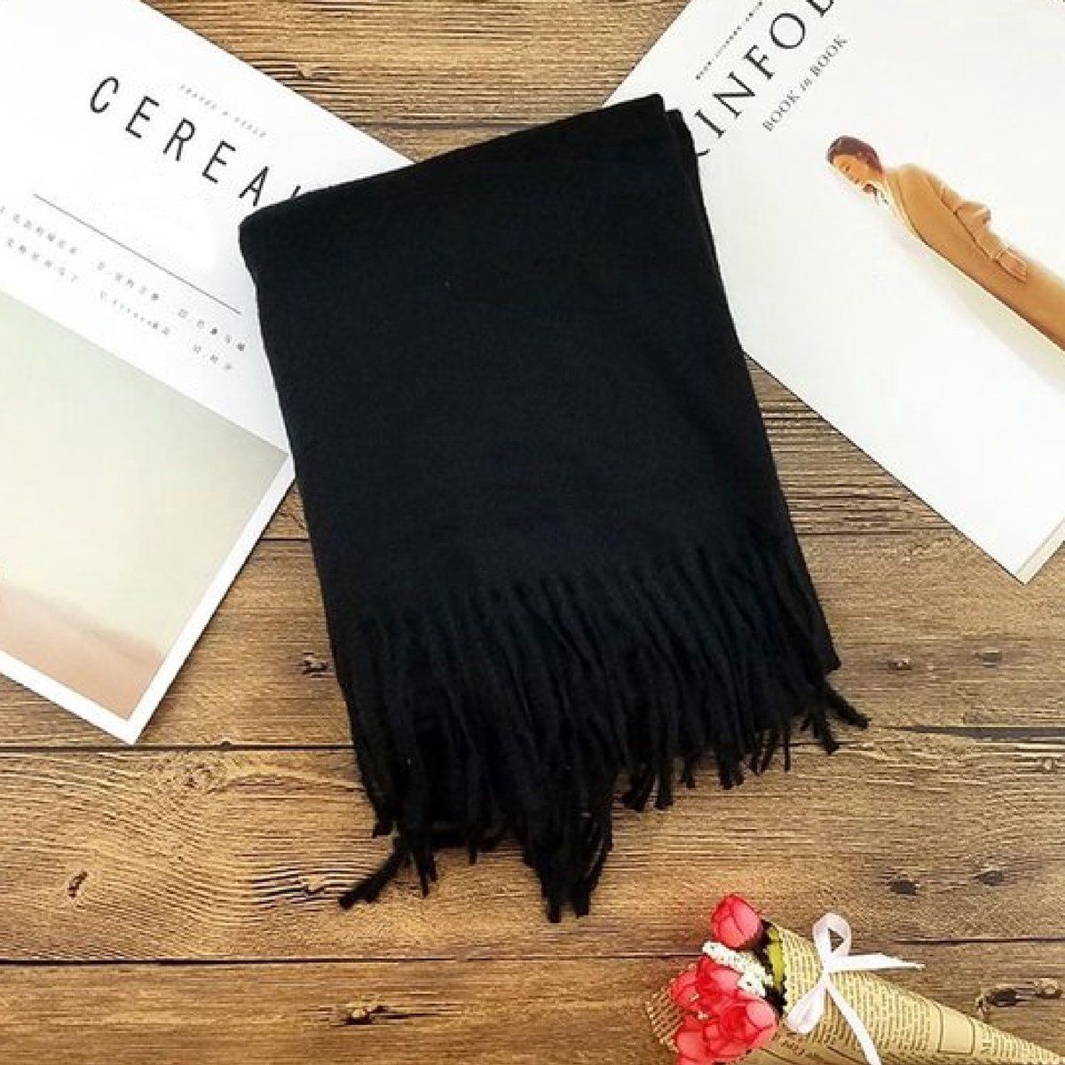 Women's Woven Winter Scarf, Large Tassel Shawl Wrap, Soft Warm Neck Warmer for Cold Weather Outfits, 70x200 cm, Black โ image 2