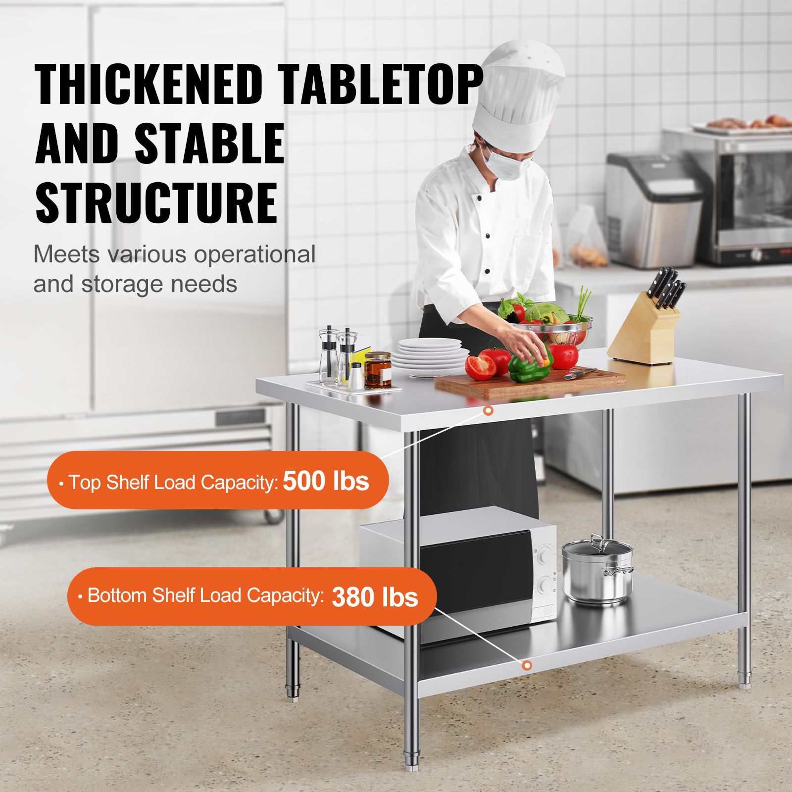 Stainless Steel Prep Table, 30 × 48 × 34 Inch, Heavy Duty Metal Worktable with 3 Adjustable Height Levels, Commercial Workstation for Kitchen Garage Restaurant — image 3
