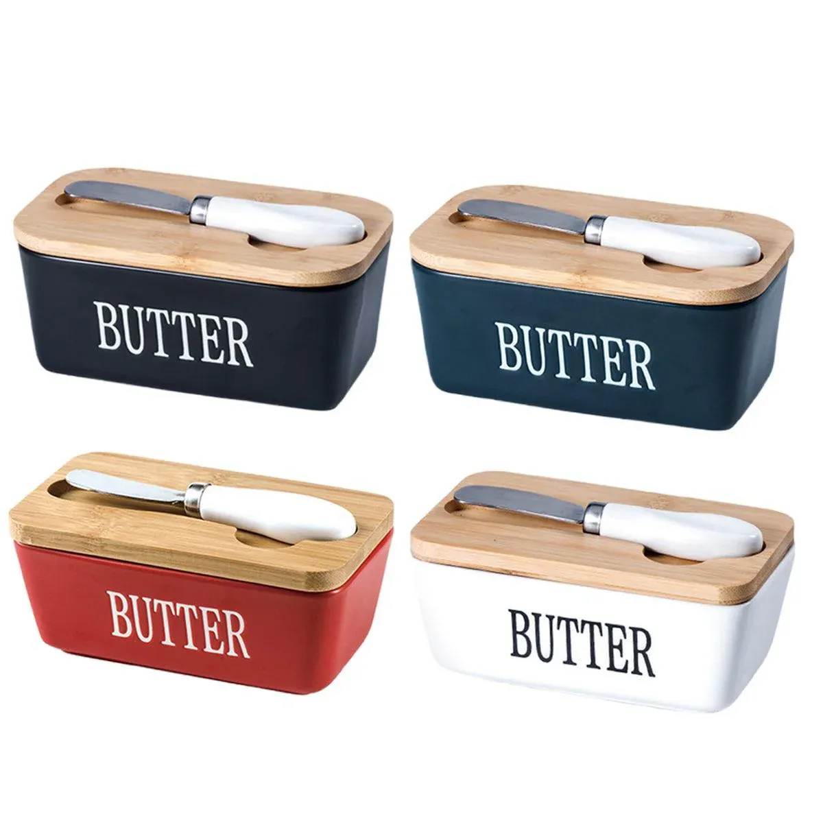 Butter Box with Knife Rectangular Cheese Container with Wooden Lid for Kitchen - Blue β image 3