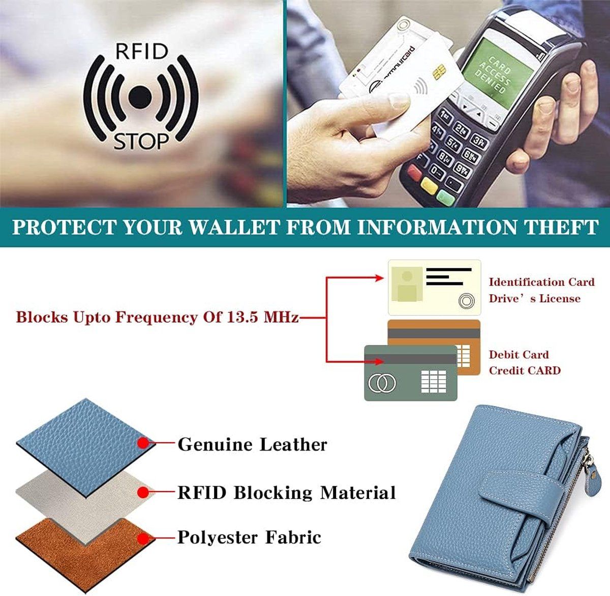 Ladies' Genuine Leather Wallet, Compact Size Card Holder, Blocking, Anti, Skim Protection Card Holder, Light Blue โ image 4