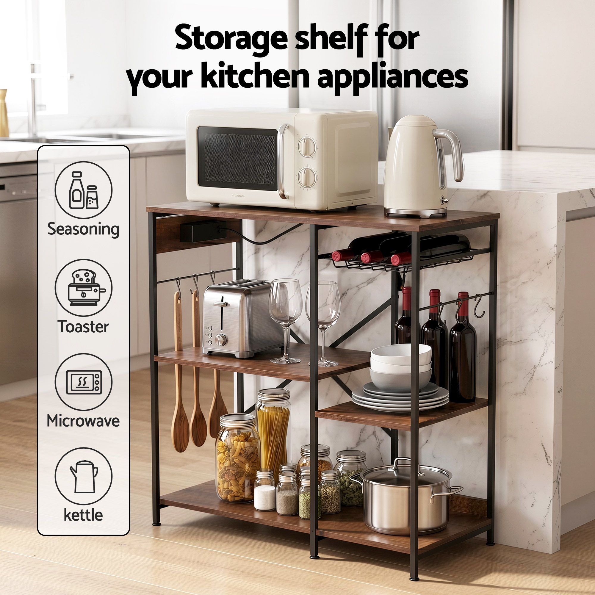 Artiss 3-Tier Kitchen Rack with 2 Power Outlets Microwave Storage Shelf 6 Hooks 90CM โ image 5