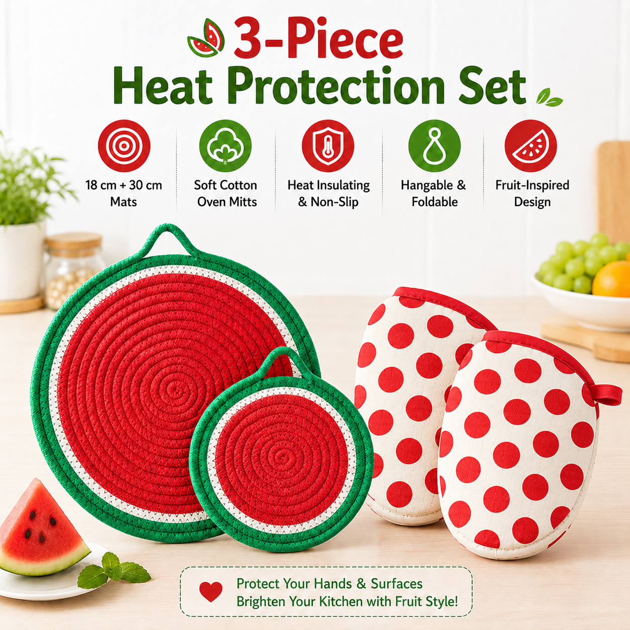 3-Piece Watermelon Inspired Kitchen Heat Resistant Set with 18cm & 30cm Round Cotton Rope Woven Trivets + 1 Pair Duckbill Oven Mitt - Foldable Table Protection