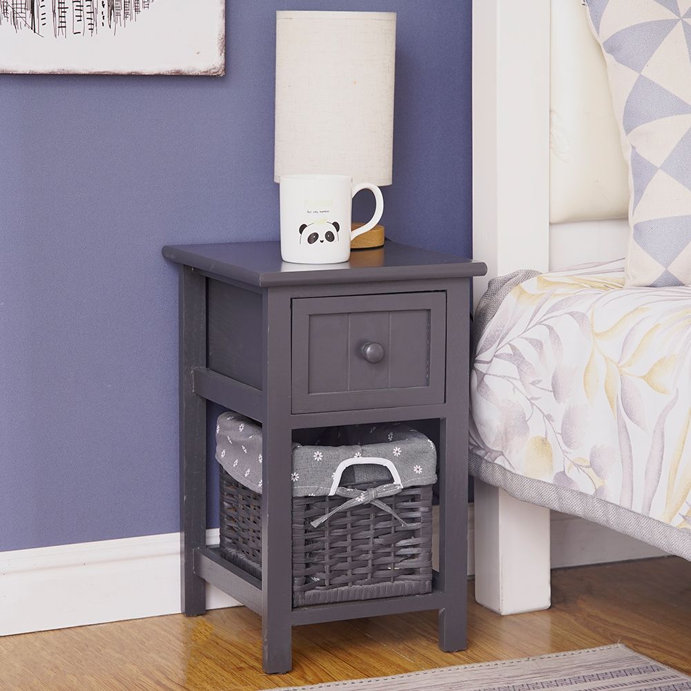 Grey Bedside Table with Wicker Basket — image 4