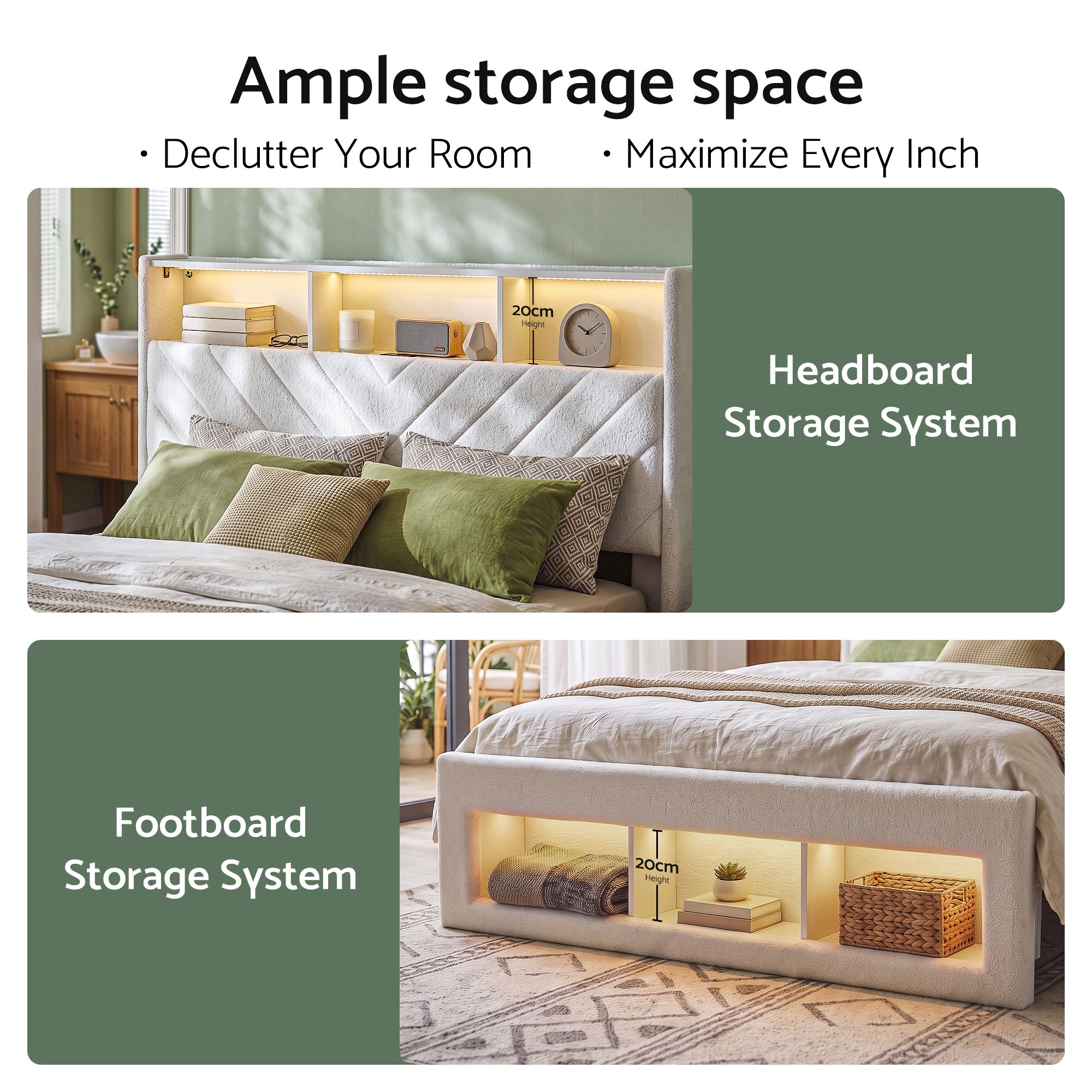 Artiss Queen Bed Frame with Storage Charging Station & LED White — image 6