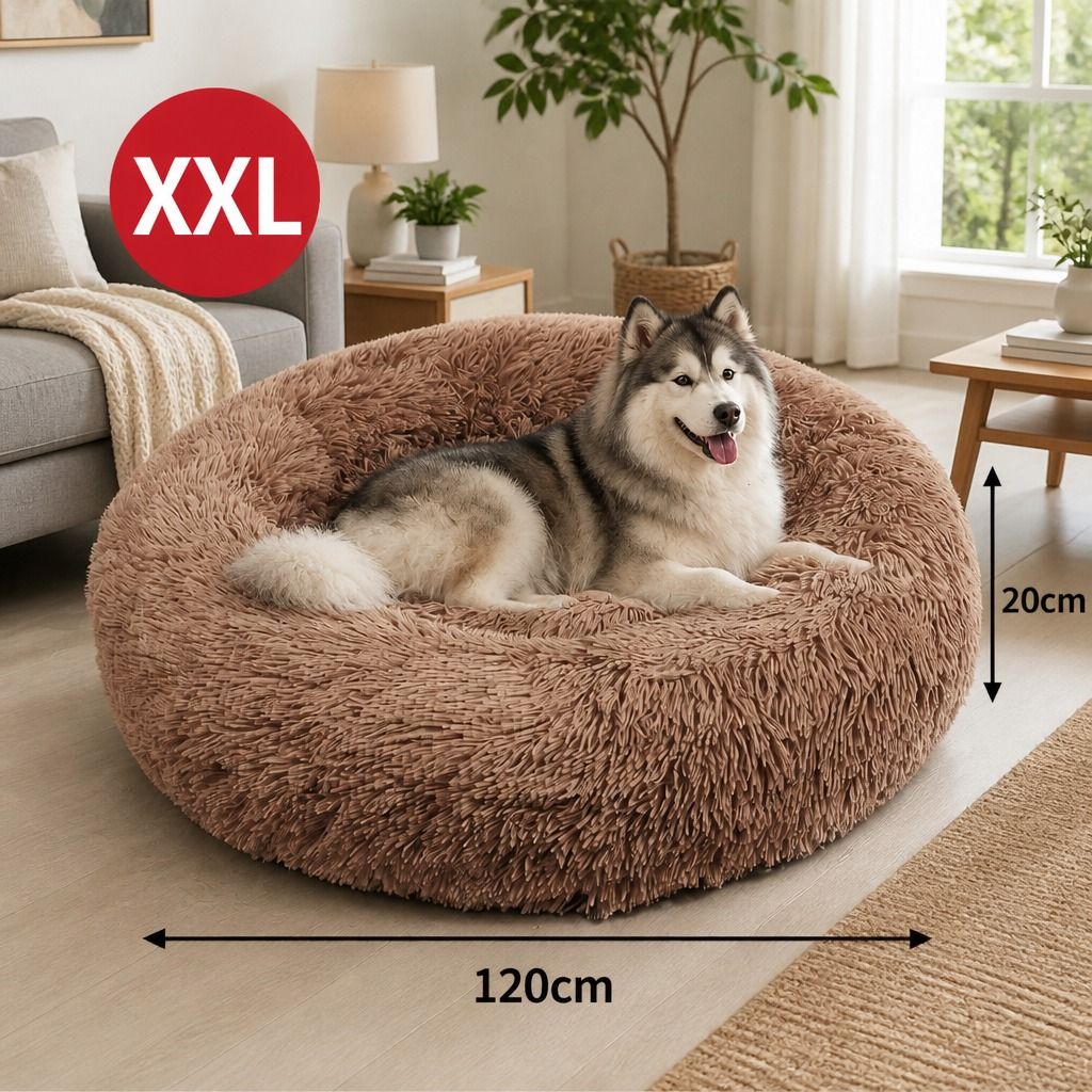 Pet Dog Bed Bedding Warm Plush Round Soft Dog Nest Light Coffee XXL 120cm — image 2