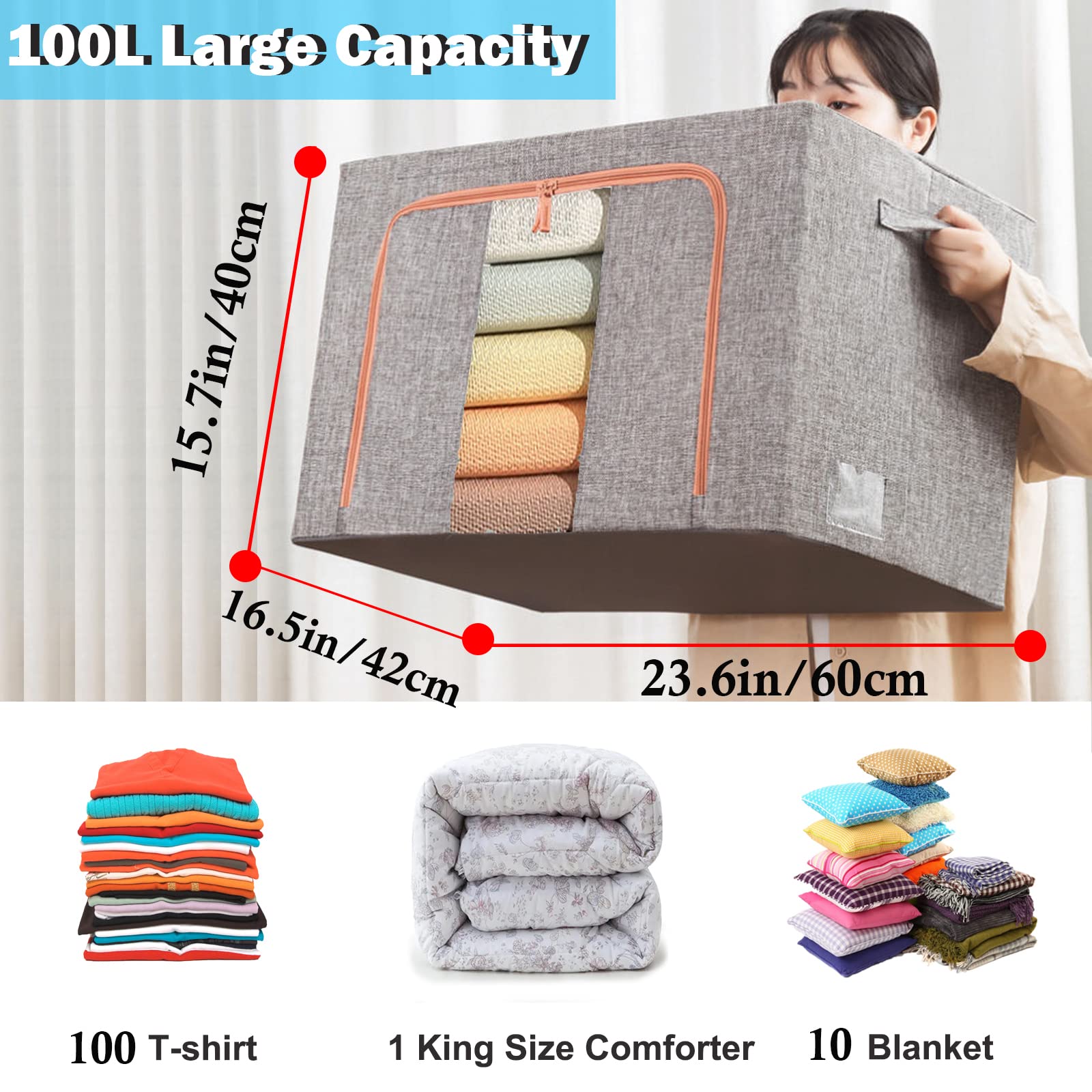 100L Cloth Storage Box Closet Organizer Storage Bags Clothes Storage Bags Wardrobe Organizer Idea Grey — image 2