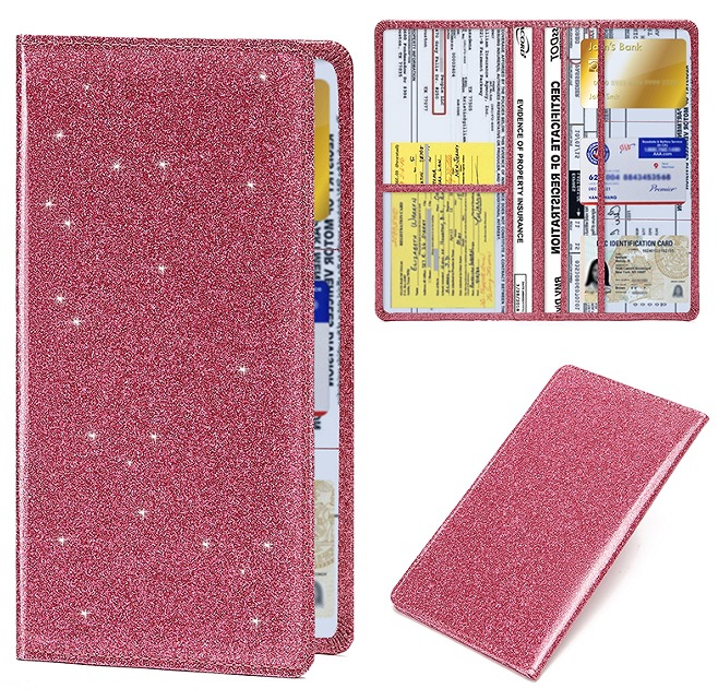 Car Registration and Insurance Holder Rose Red Glitter - Bling Vehicle Document Wallet - Slim Glove Box Organiser for Rego Papers, Logbook & ID Cards - Sparkle
