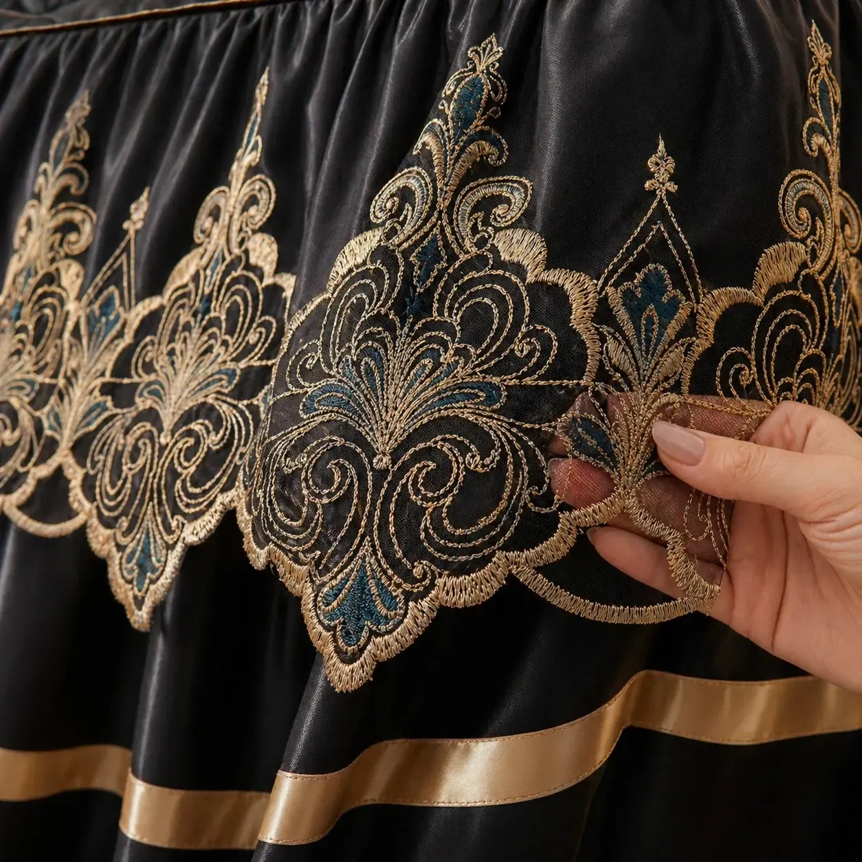 Black and Gold European Soft Brushed Quilted Bed Skirt + 2 Pillowcases Set - Breathable Padded 150 x 200CM Mattress Cover with Lace Trim and 45CM Elevated — image 6