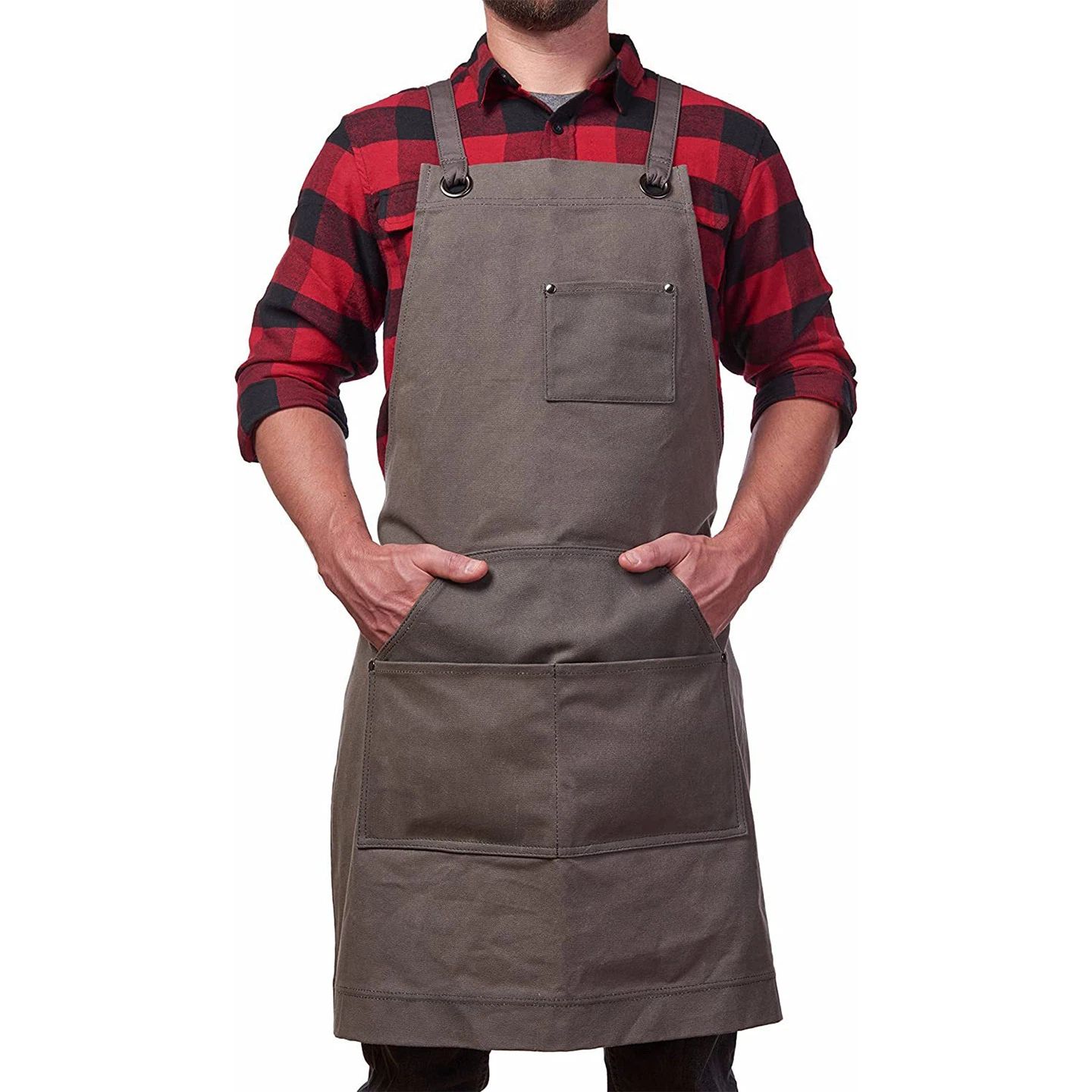 Durable Edition Waxed Canvas Tool Apron for Men and Women, Heavy Duty Work Apron with Pockets for Tools, Adjustable Crossback Straps - Grey
