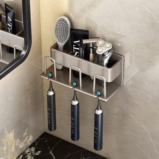 3-Piece Toothbrush Holder with Cup, Wall Mounted No Drilling Aluminum, Compatible with Oral-B, Light Gray — image 4