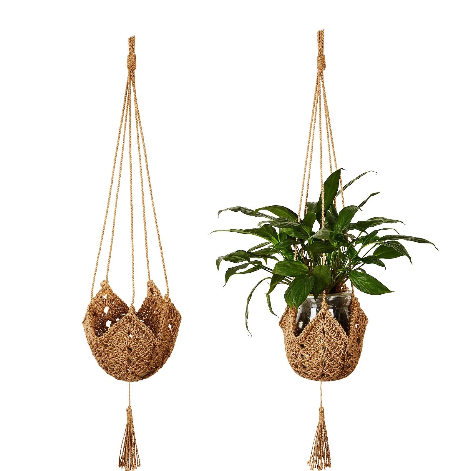 2pcs Handmade woven hemp rope flowerpot net bag Creative woven flowerpot hanging basket Indoor and outdoor hanging decorative flowerpot bag(Original color 100