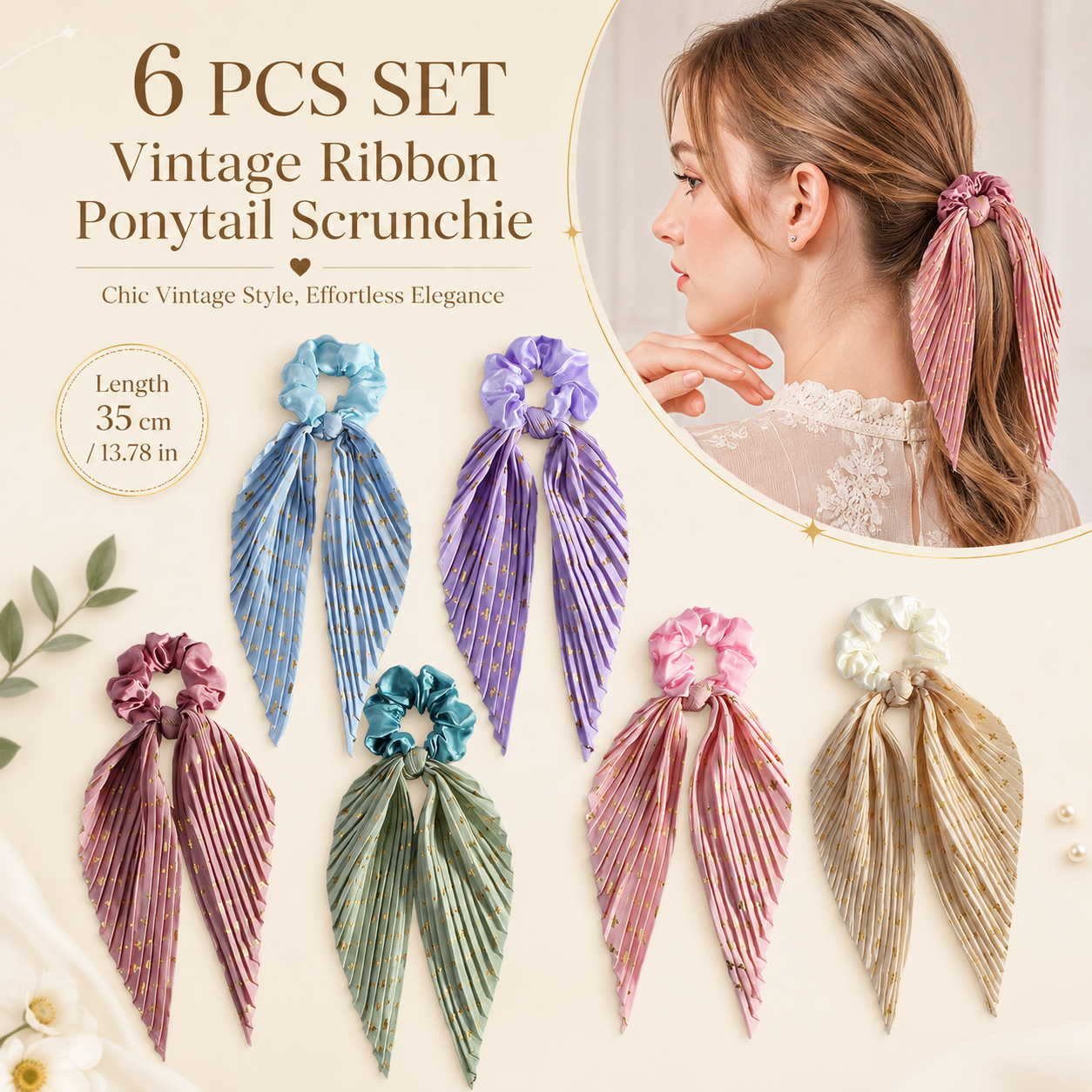 6 Pack Vintage Ribbon Ponytail Scrunchies for Women Pleated Satin Hair Ties with Long Ribbon Tails Elegant Retro Hair Accessories Set for Ponytail โ image 2