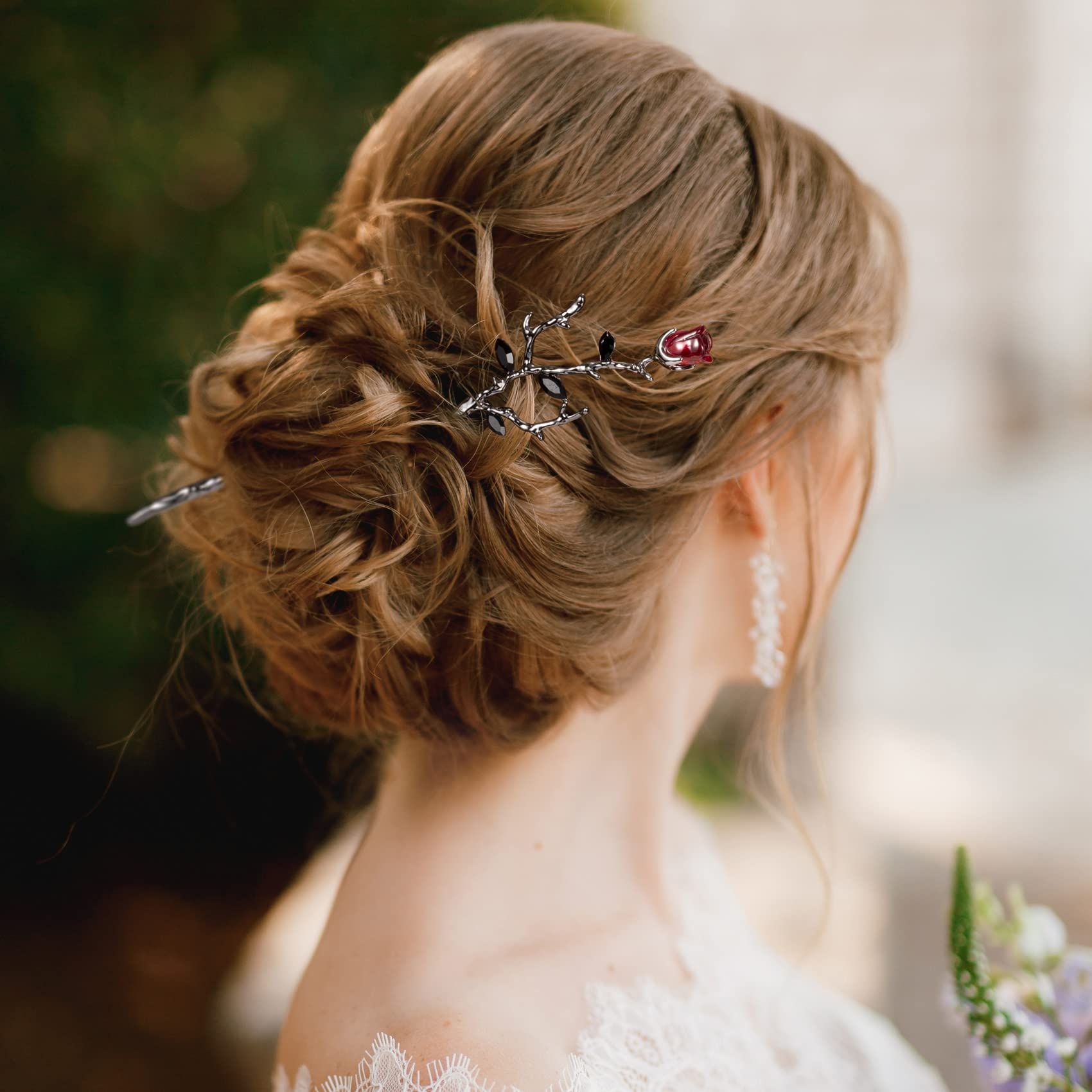 2pcs Rose Hair Sticks for Bun Black Silver Vintage Hair Chopsticks Metal Flower Chinese Hair Pins Wedding Prom Halloween — image 5