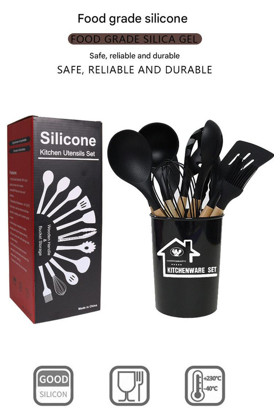 Dark Green 11-Piece Silicone Kitchen Utensil Set with Wooden Handles and Storage Bucket - Heat Resistant and Non-Stick โ image 6