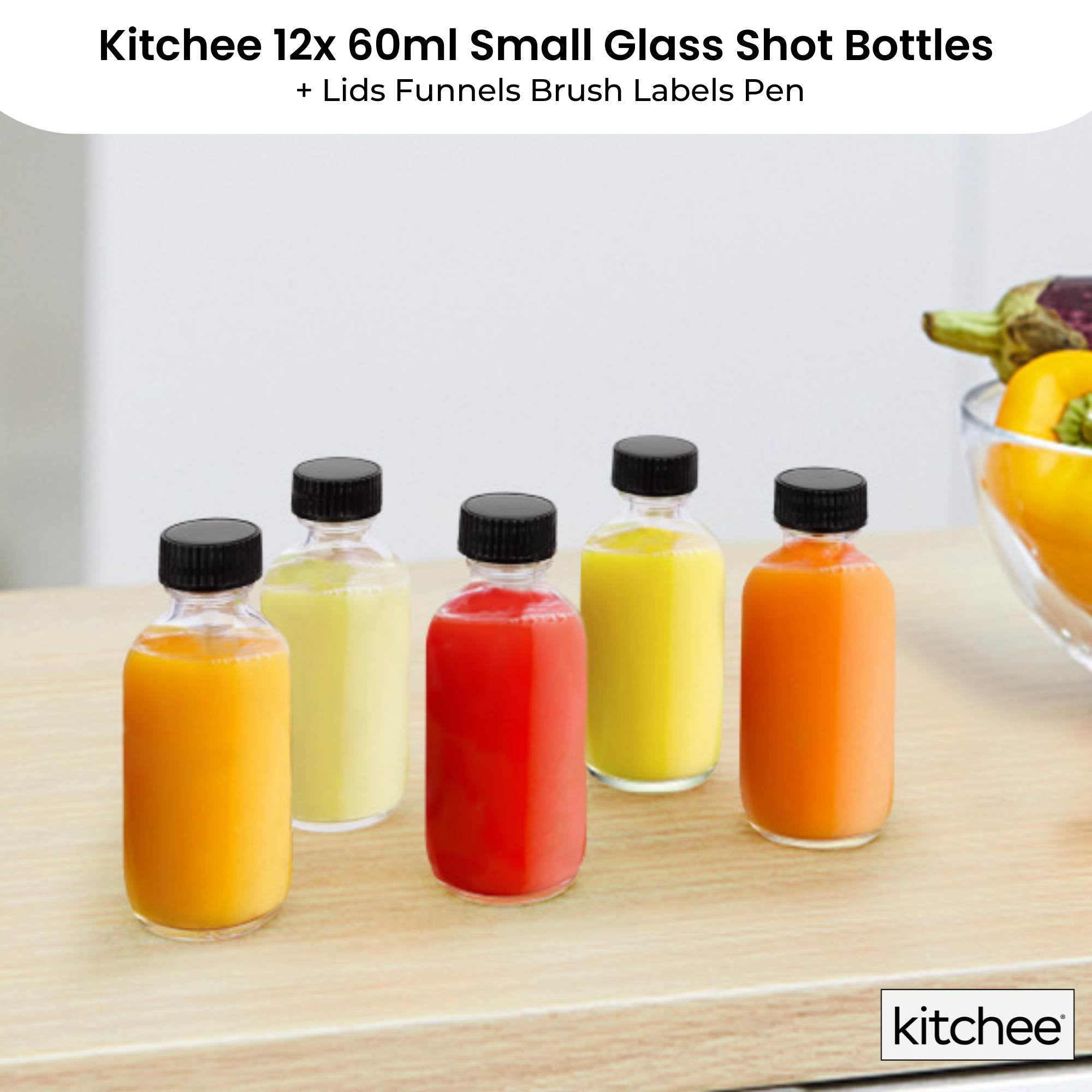 Kitchee 12 × 60ml Small Glass Bottles + Lids Funnels Brush Labels Pen — image 2