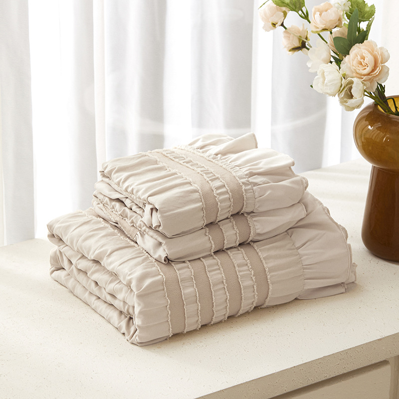 Beige Elegant Ruffle Seersucker Duvet Cover with 2PCS Pillow Shams - 3-Piece Vertical Stripe Clipped Floral Textured Bedding (Queen Size 229 x 229 CM) โ image 2