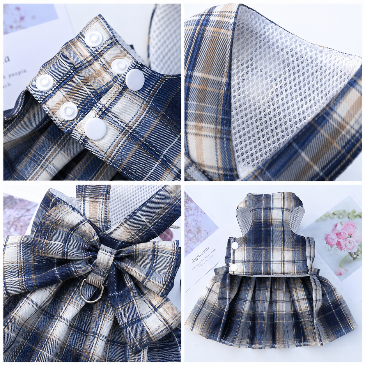 Navy Blue Plaid Pet Harness Dress with Leash for Small Dogs and Cats L Size Bow Design Vest Outfit Walking Accessory — image 3