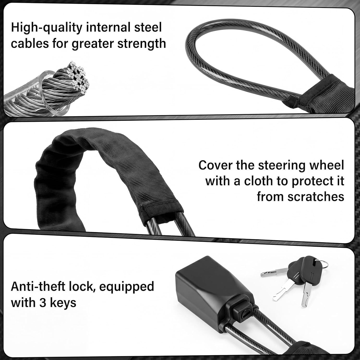 2 Set Red 28 Inch Car Steering Wheel Anti Theft Lock - Universal Steel Cable Anti Shear Seat Belt Lock with 3 Keys and Protective Sleeve, Waterproof and โ image 4
