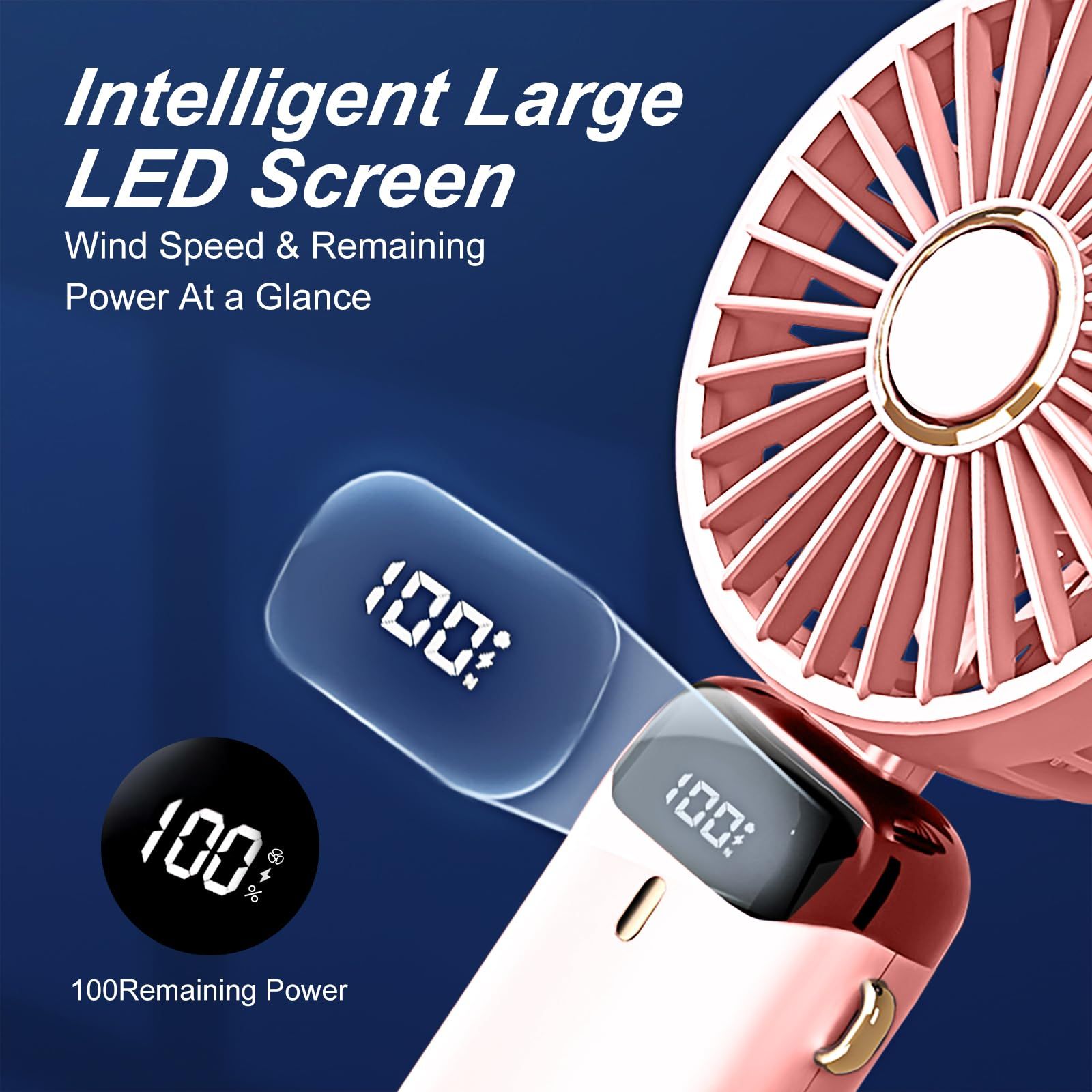 Portable Handheld Fan, Type-C Rechargeable, 1200mAh Battery Operated Fan with LED Display, 90° Foldable — image 5