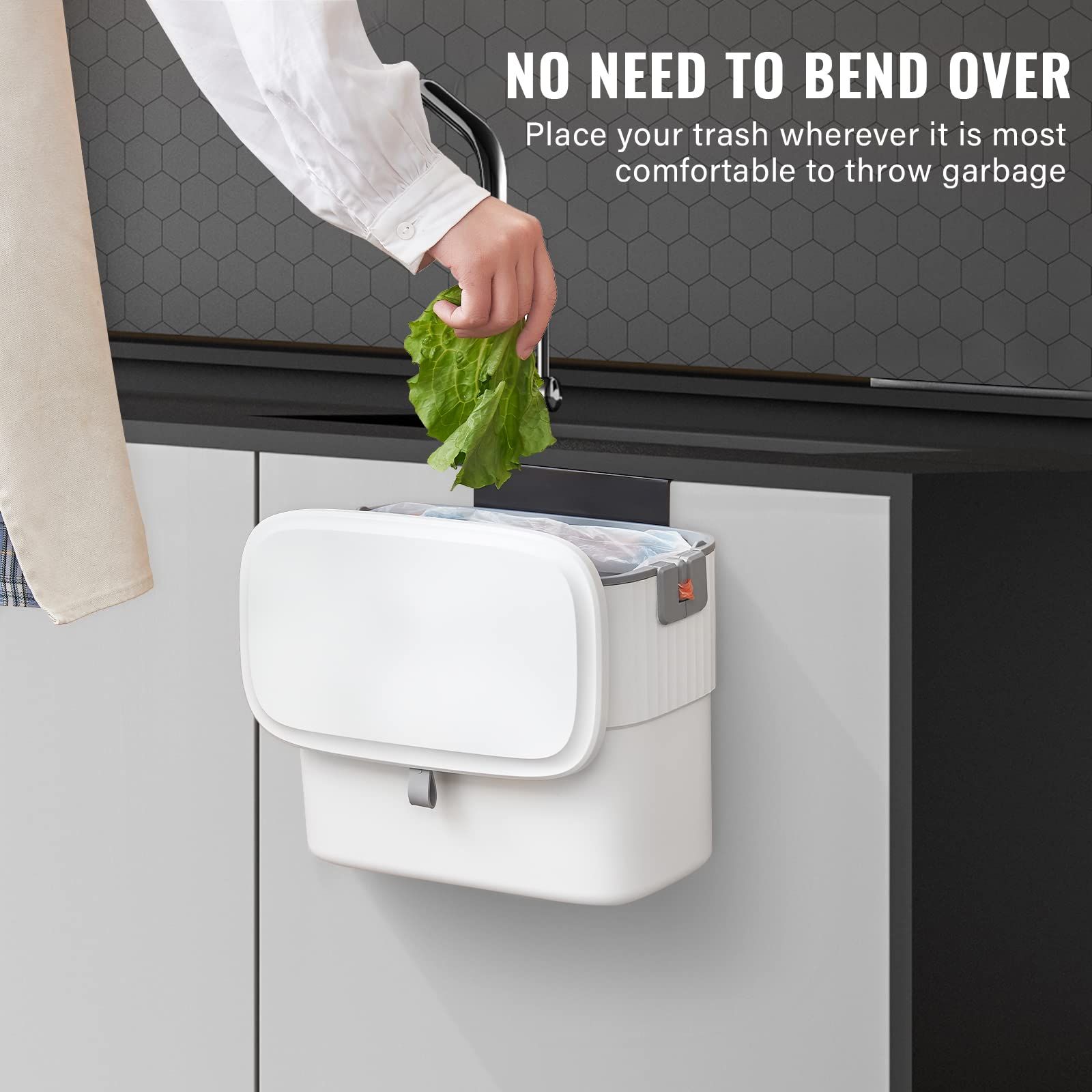 Kitchen Compost Bin with Lid 1.8 Gallon Hanging Trash Can with Lid, 7 Liter Wall-Mounted Garbage Can for Kitchen Cabinet Door — image 3