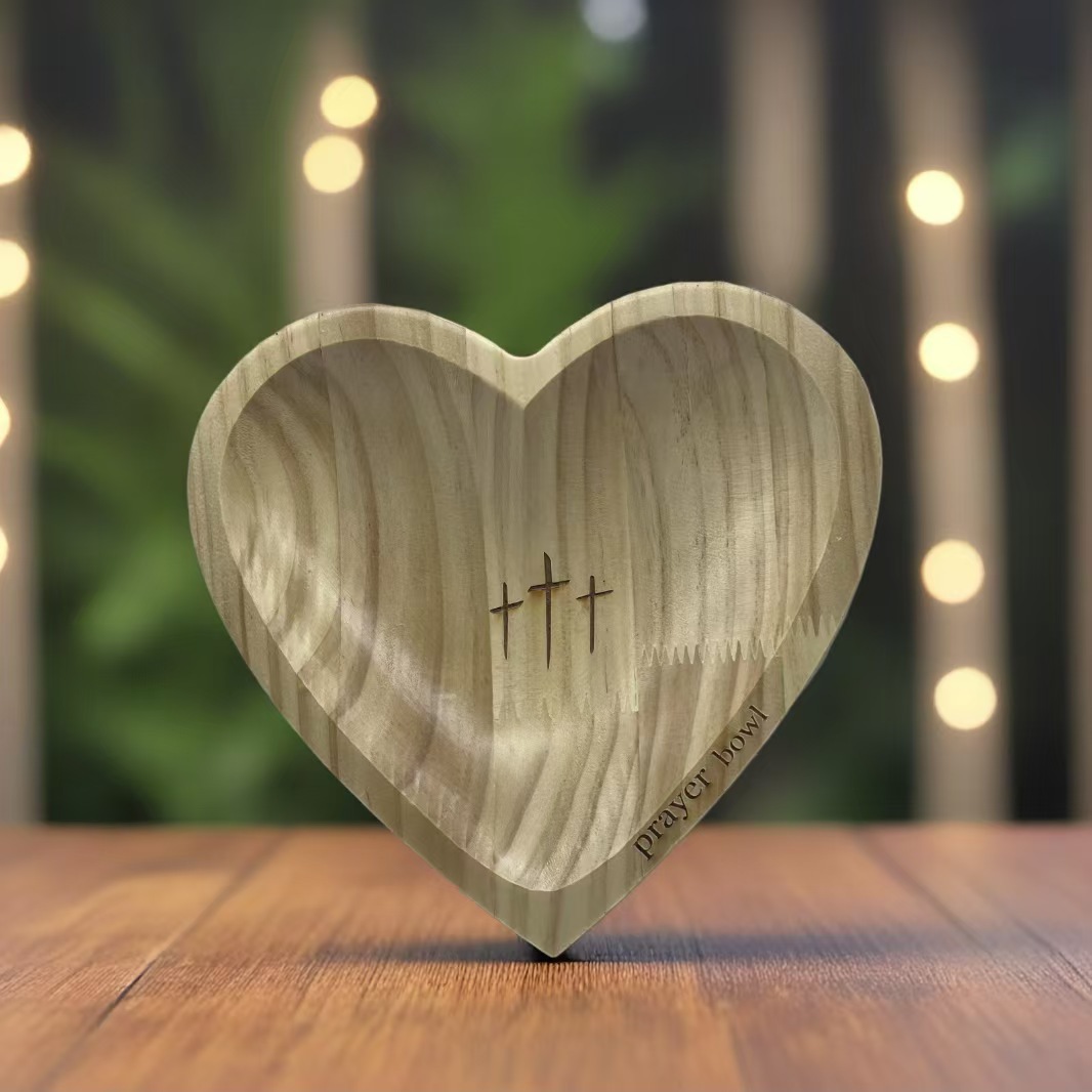 Handcrafted Heart Shaped Wooden Prayer Bowl with Prayer Cards and Raffia Natural Wood Grain Spiritual Gift for Home — image 2