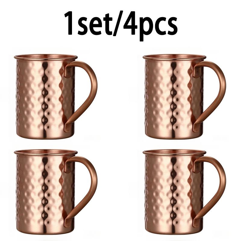 Moscow Mule Pure Copper Mugs, Handmade Hammered Finish with Riveted Handle, Four Pack