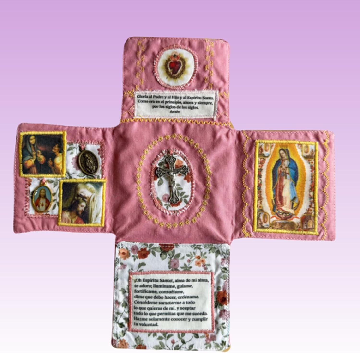 Mini Handcrafted Catholic Pocket Shrine – Foldable Prayer Altar with Silver Cross, Religious Art & Embroidered Prayers, Portable Faith Companion, 6.5 x 5.5 — image 4