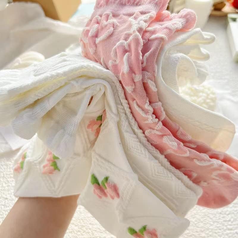 5 Pairs White Cute Socks, Women's Lace Ruffles Ankle Casual Sock, Cottagecore Breathable Mid Tube Socks, Floral Crew Socks — image 3