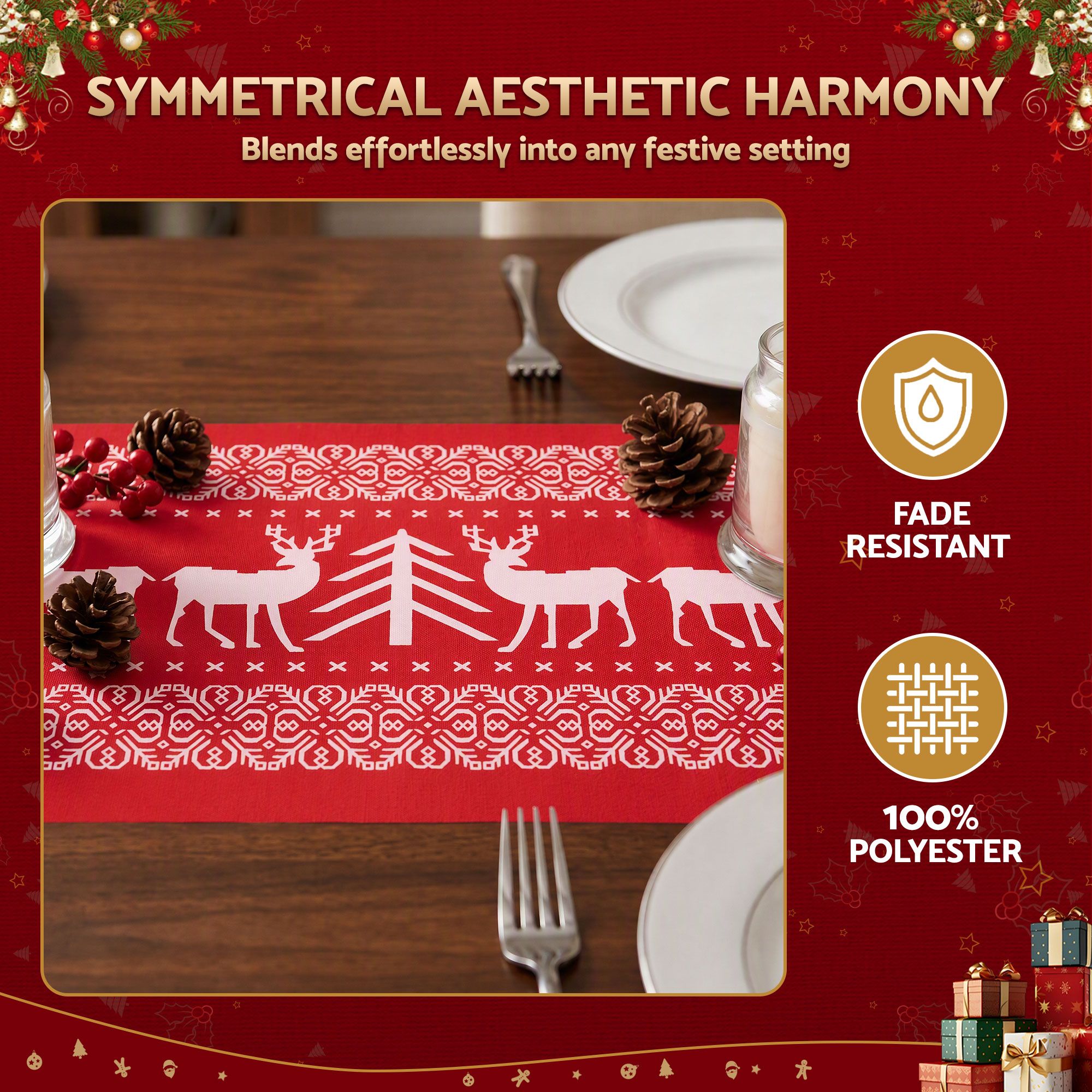 Jingle Jollys Christmas Table Runner Reindeers 270x28CM Dining Party Decor Red โ image 5