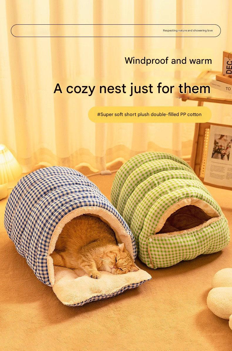 S size Orange Plaid Cat Cave Bed Winter Warm Enclosed Pet House Cozy Cat Sleeping Bag Semi-Enclosed Cat Nest Small Dog Bed PP Cotton Filling Washable Pet — image 2