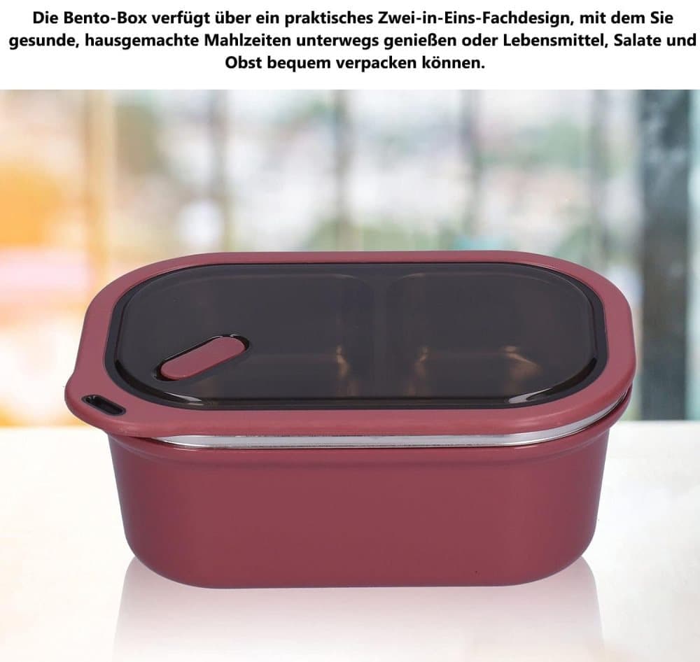 1200ml 2 Compartments Leak-Proof Stainless Steel Lunch Box with Spoon, 304 Stainless Steel, RED — image 2