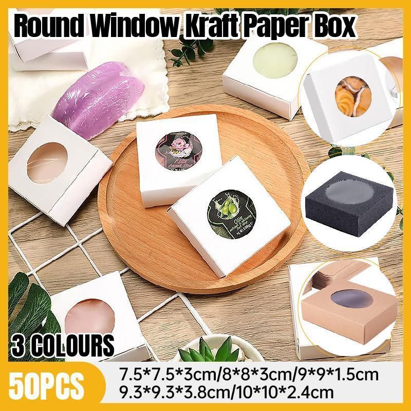 50PCS Handmade Soap Paper Box Round Window Kraft Black White Candy Biscuit Box - White-50pcs 7.5 × 3CM — image 2