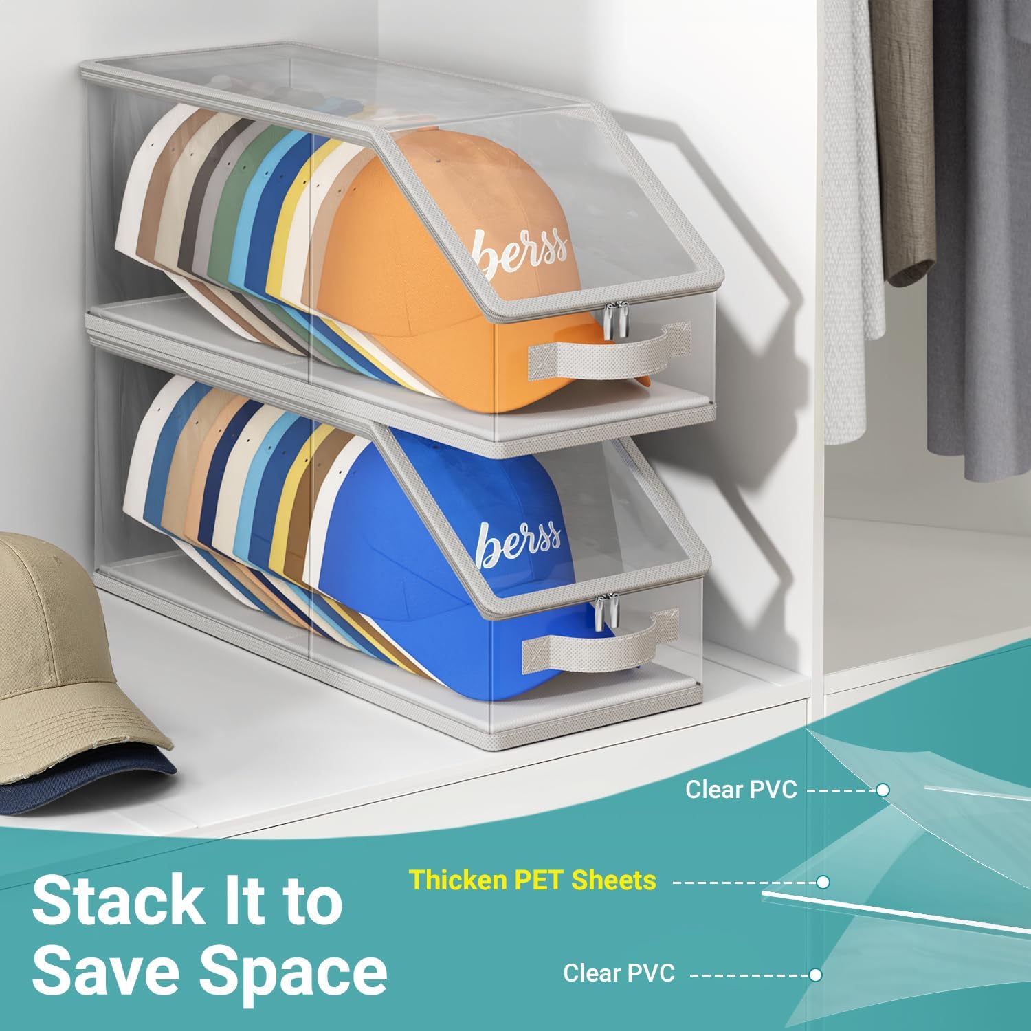 2PCS Stackable Hat Storage for Baseball Caps, Clear Hat Organizer for Closet Holds up to 24 Caps, Men‘s Hat Box Display with Cardboard (Grey) — image 3