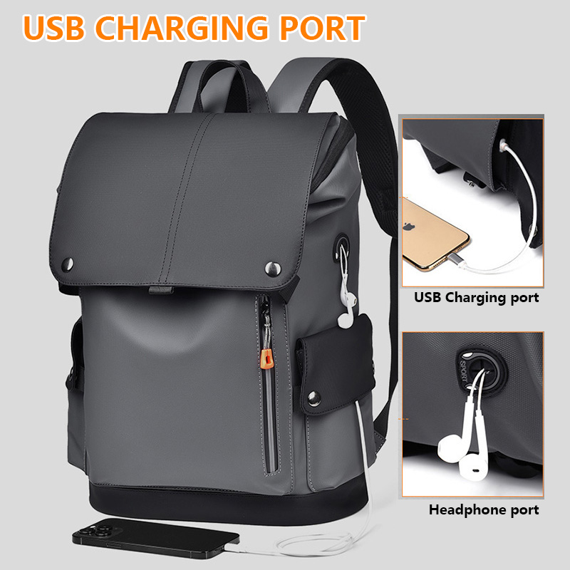 Light grey Men Large Capacity Business Laptop Backpack Waterproof PU Leather Travel Rucksack with USB Port for Work and Travel in Australia — image 2