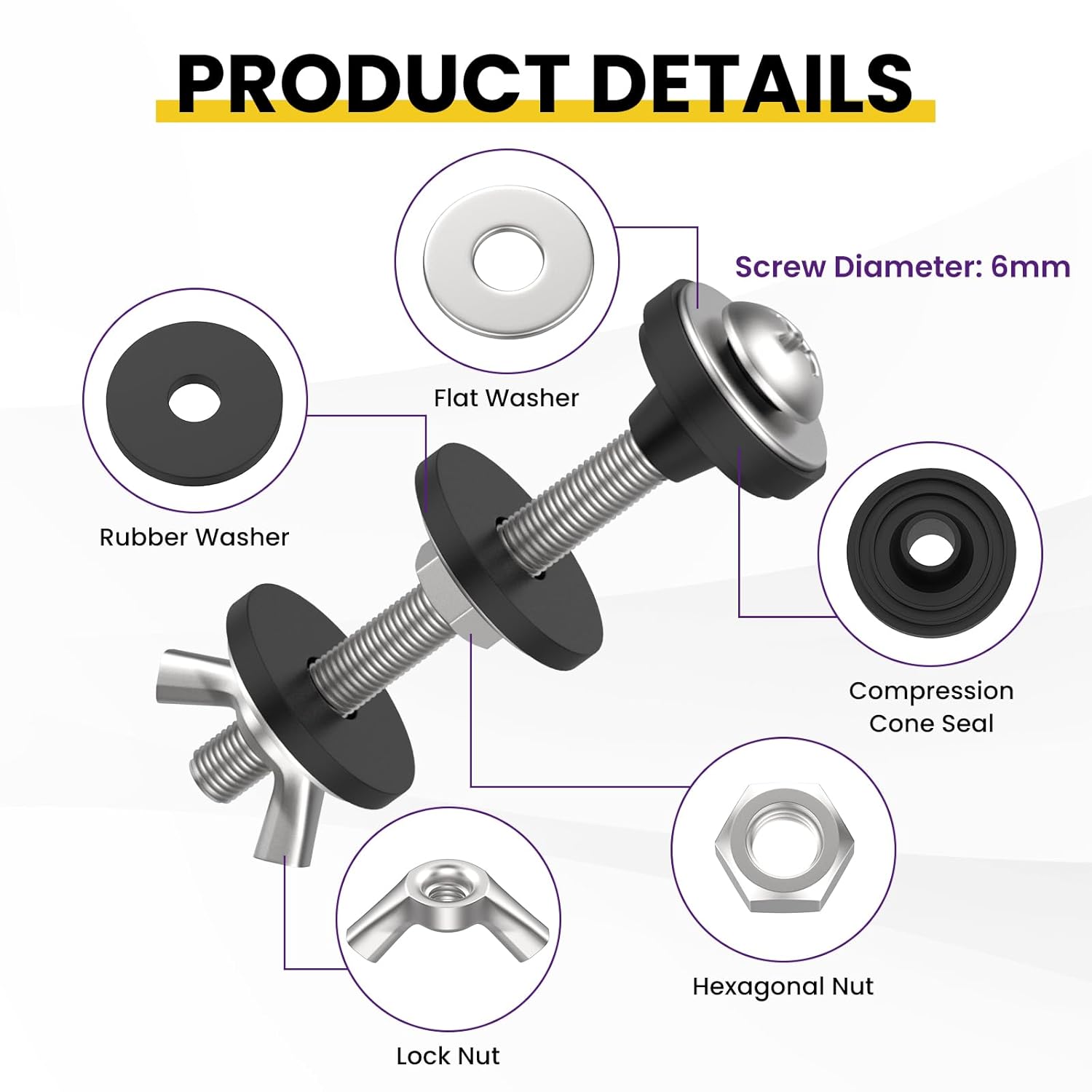 4 Pcs Universal Toilet Tank to Bowl Bolts Kit, Heavy Duty Stainless Steel Toilet Tank Bolts with Stainless and Rubber Washers Gasket for Toilet Mounting and โ image 4