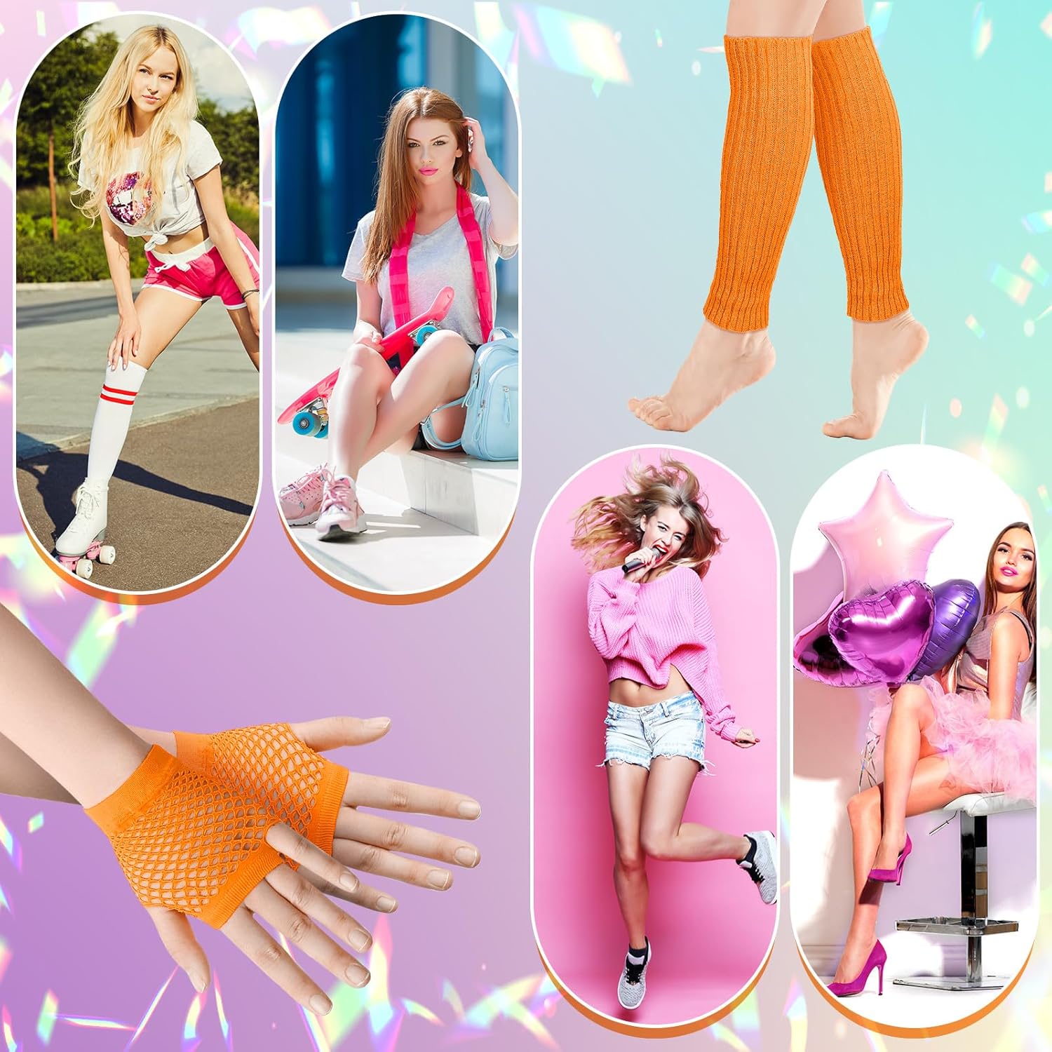 Petluno Elastic Neon Leg Warmers and Fingerless Gloves, 80s Set, Costume Accessory (Orange), Orange, One Size โ image 6