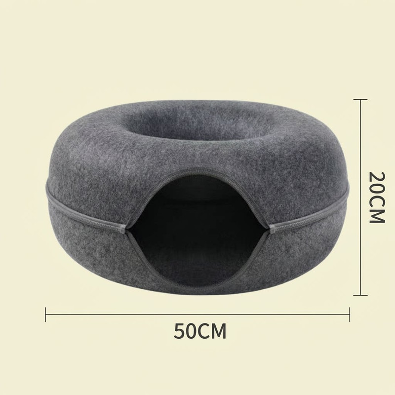 Beige Felt Donut Cat Bed with Zipper Tunnel Toy, Double-Layer Pet Cave for Cats, M Size (50x20cm), Cozy Hideaway for Indoor Cats — image 6