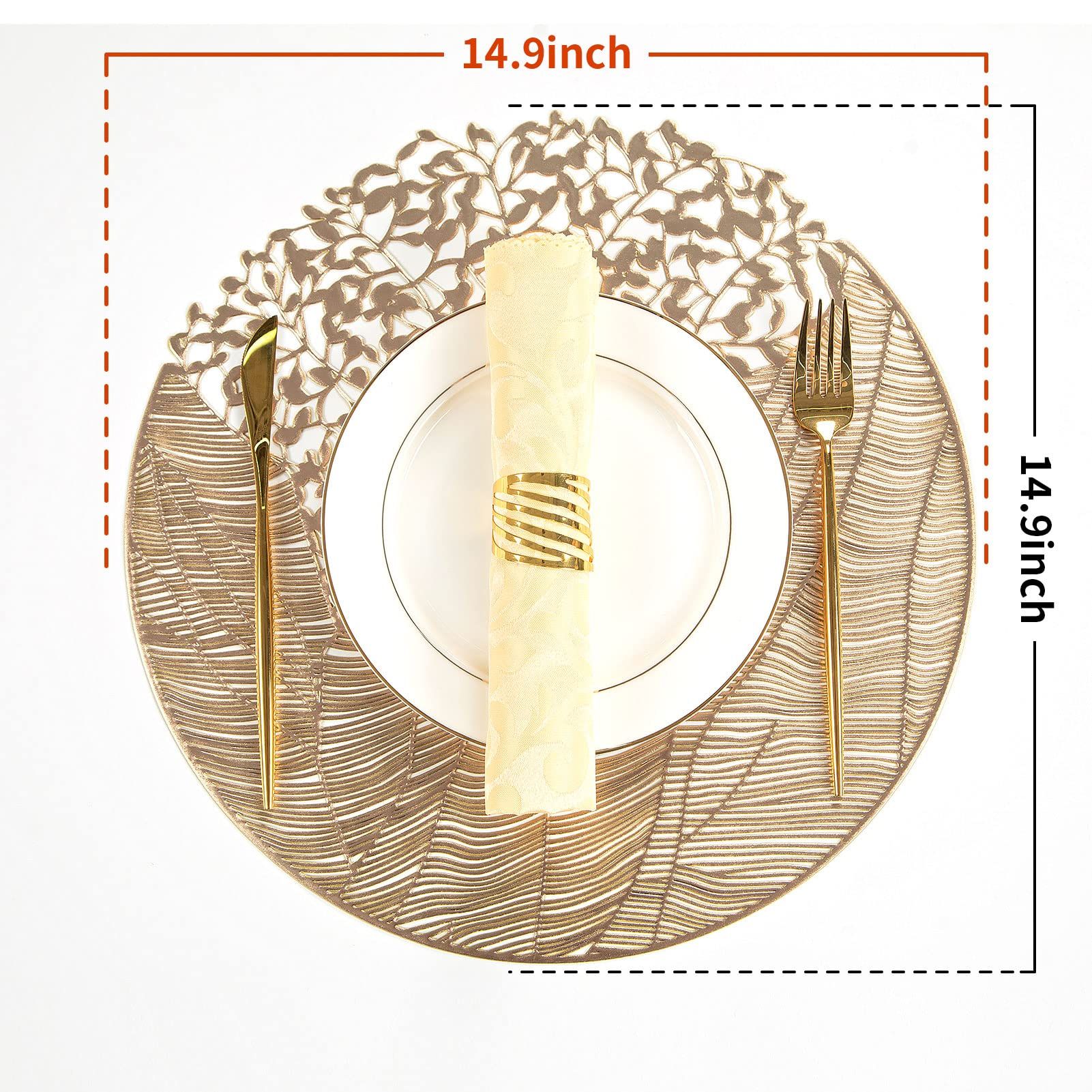 Round Vinyl Placemats Set of 6 Gold Leaf Table Mats 6pcs Indoor Outdoor Hollow Metallic Plate Non-Slip for Dinner,Party — image 2