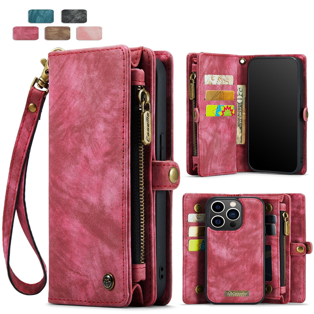 2-in-1 Detachable Wallet Case for iPhone 16 & Samsung, Retro Leather Flip Case with Card Holder & Magnetic Zipper, Dark Pink iPhone16 Pro Max