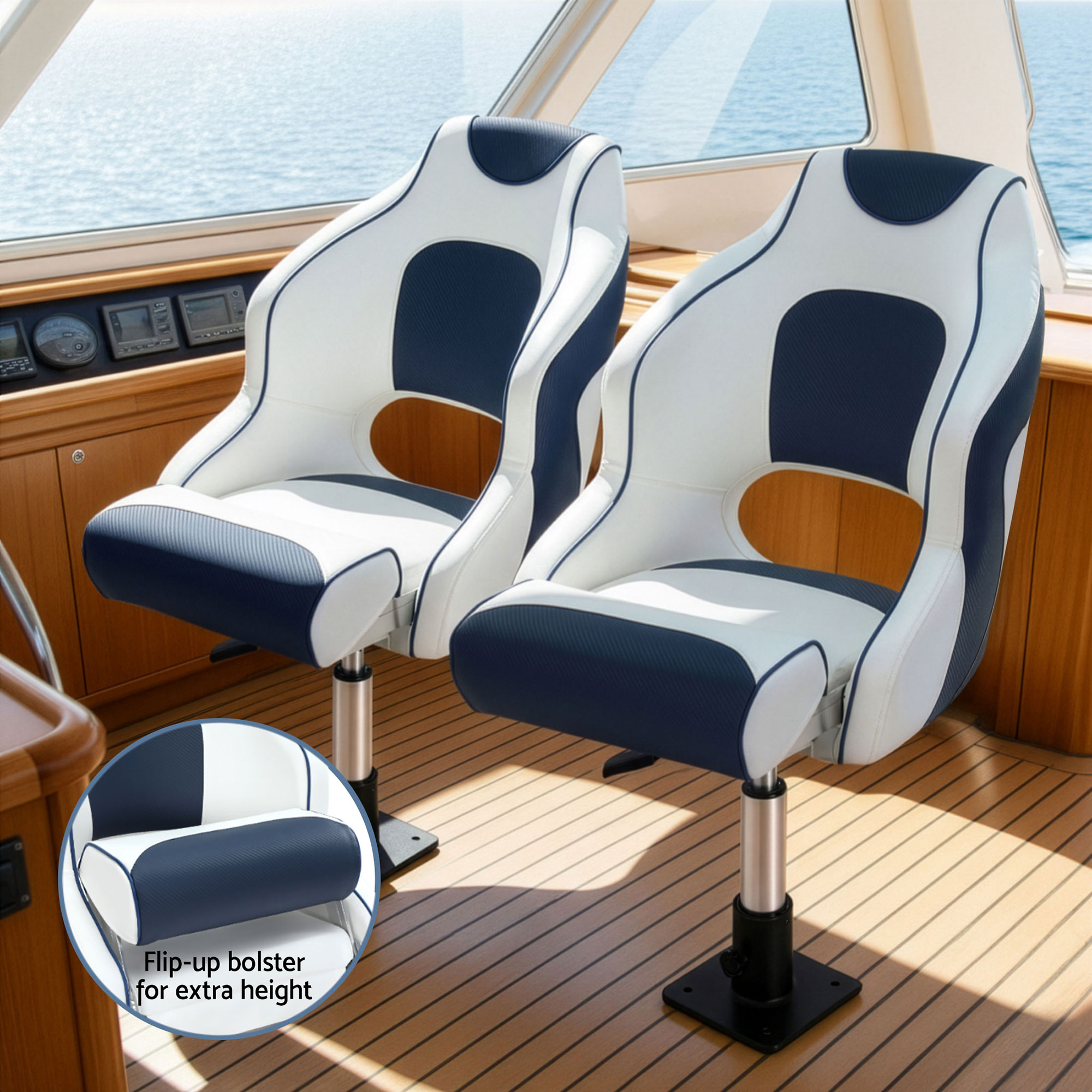 Seamanship Captain Bucket Boat Seats Flip Up Bolster Swivel 15cm Padding with Adjustable Pedestals 34–46cm Blue — image 6
