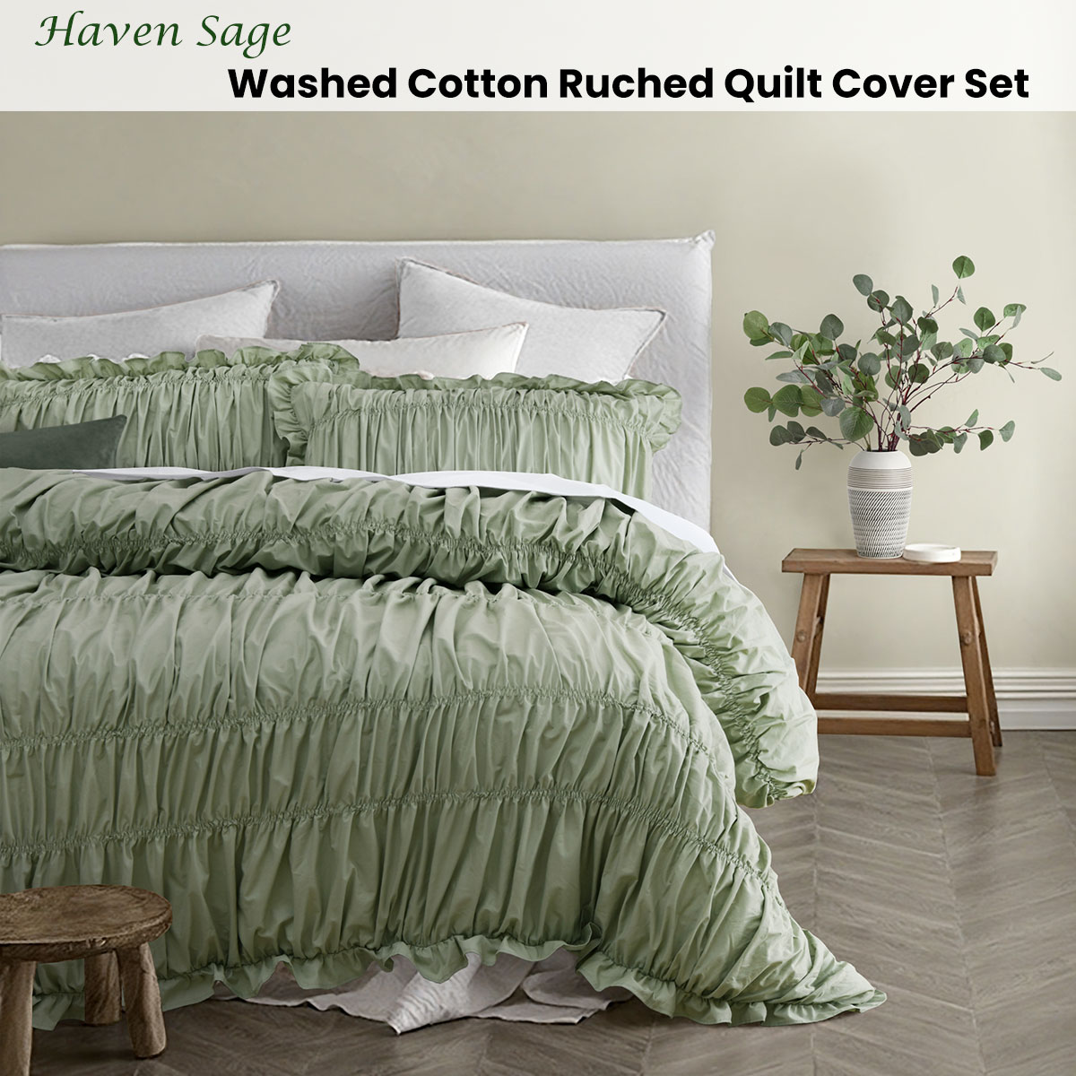 Vintage Design Homewares Haven Sage Washed Cotton Ruched Quilt Cover Set Single — image 2