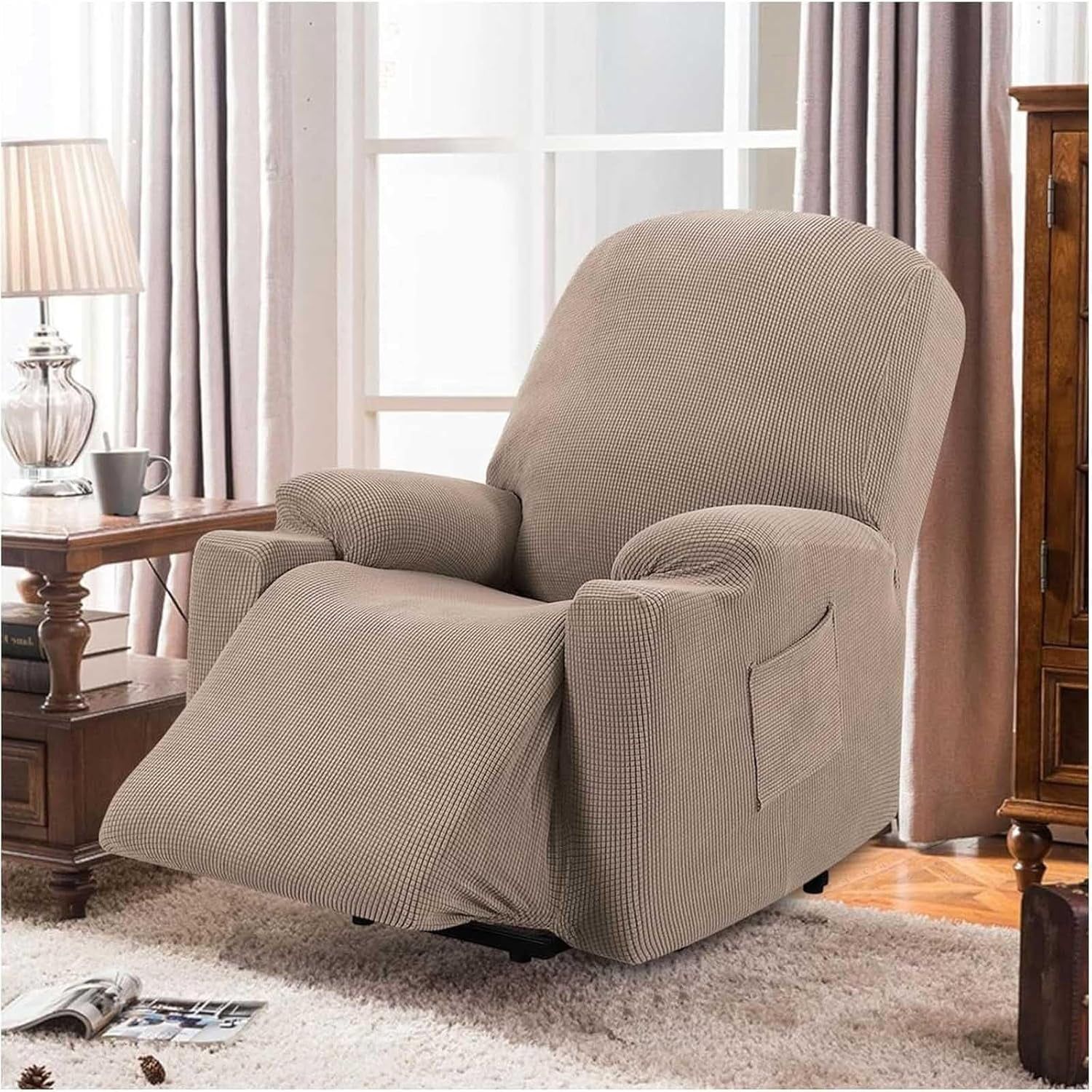 Power Lift Recliner Chair Cover, Stretch Jacquard Fitted Slipcover with Side Pocket, Beige โ image 6