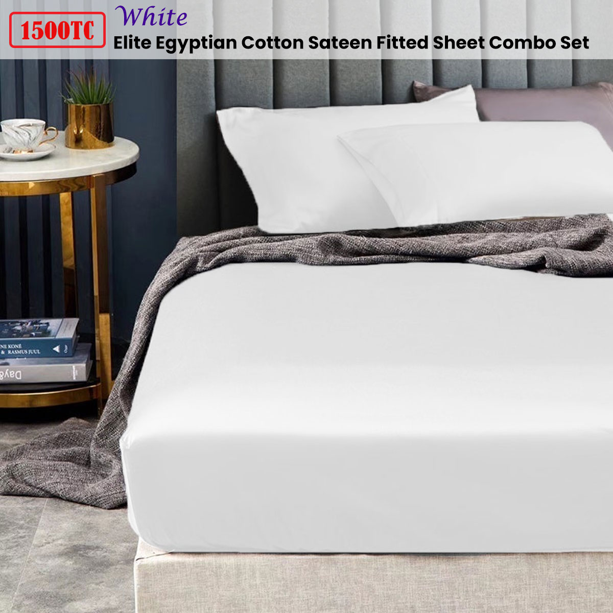Ramesses 1500TC Elite Egyptian Cotton Sateen Fitted Sheet Combo Set White Single โ image 2